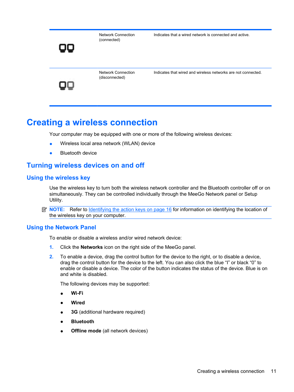 Creating a wireless connection, Turning wireless devices on and off, Using the wireless key | Using the network panel, Using the wireless key using the network panel | HP Mini 210-2087dx PC User Manual | Page 19 / 67