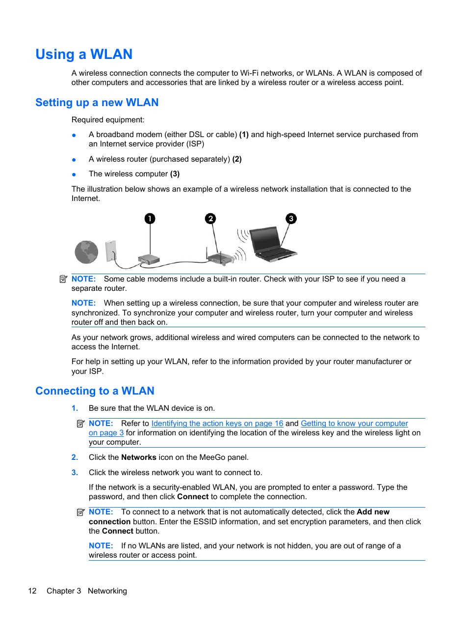 Using a wlan, Setting up a new wlan, Connecting to a wlan | Setting up a new wlan connecting to a wlan, Connecting | HP Mini 210-2087dx PC User Manual | Page 20 / 67