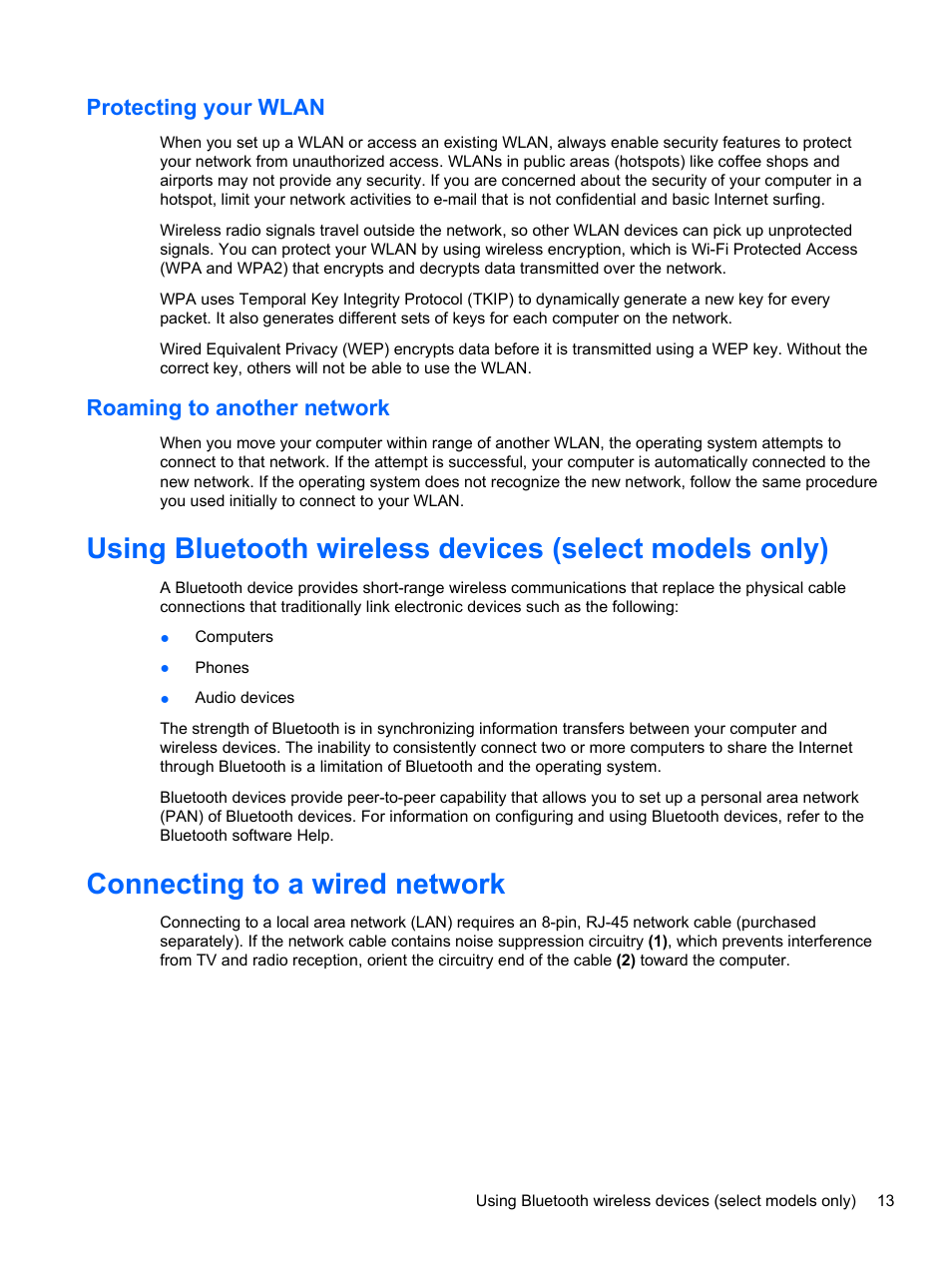 Protecting your wlan, Roaming to another network, Connecting to a wired network | Protecting your wlan roaming to another network, K, refer to | HP Mini 210-2087dx PC User Manual | Page 21 / 67
