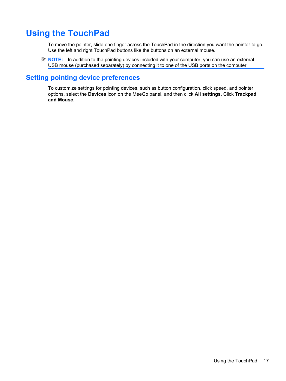 Using the touchpad, Setting pointing device preferences | HP Mini 210-2087dx PC User Manual | Page 25 / 67