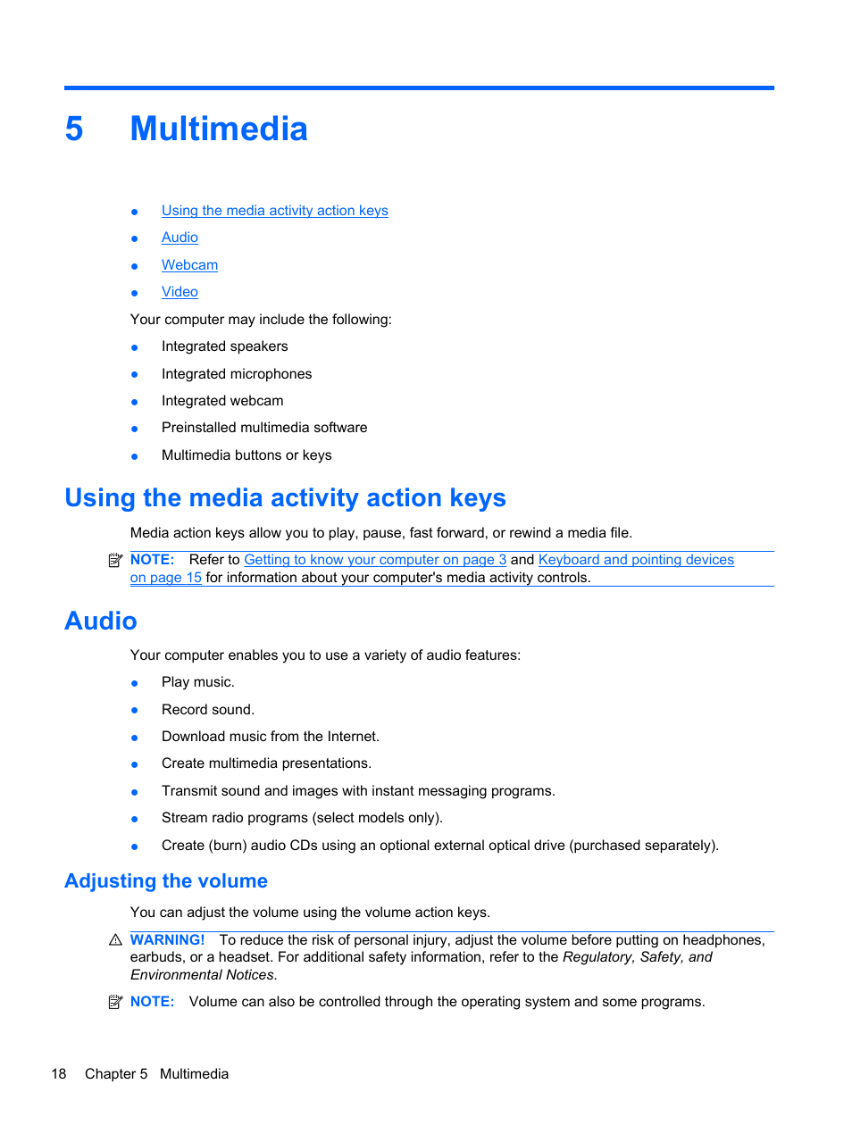 Multimedia, Using the media activity action keys, Audio | Adjusting the volume, 5 multimedia, Using the media activity action keys audio, 5multimedia | HP Mini 210-2087dx PC User Manual | Page 26 / 67