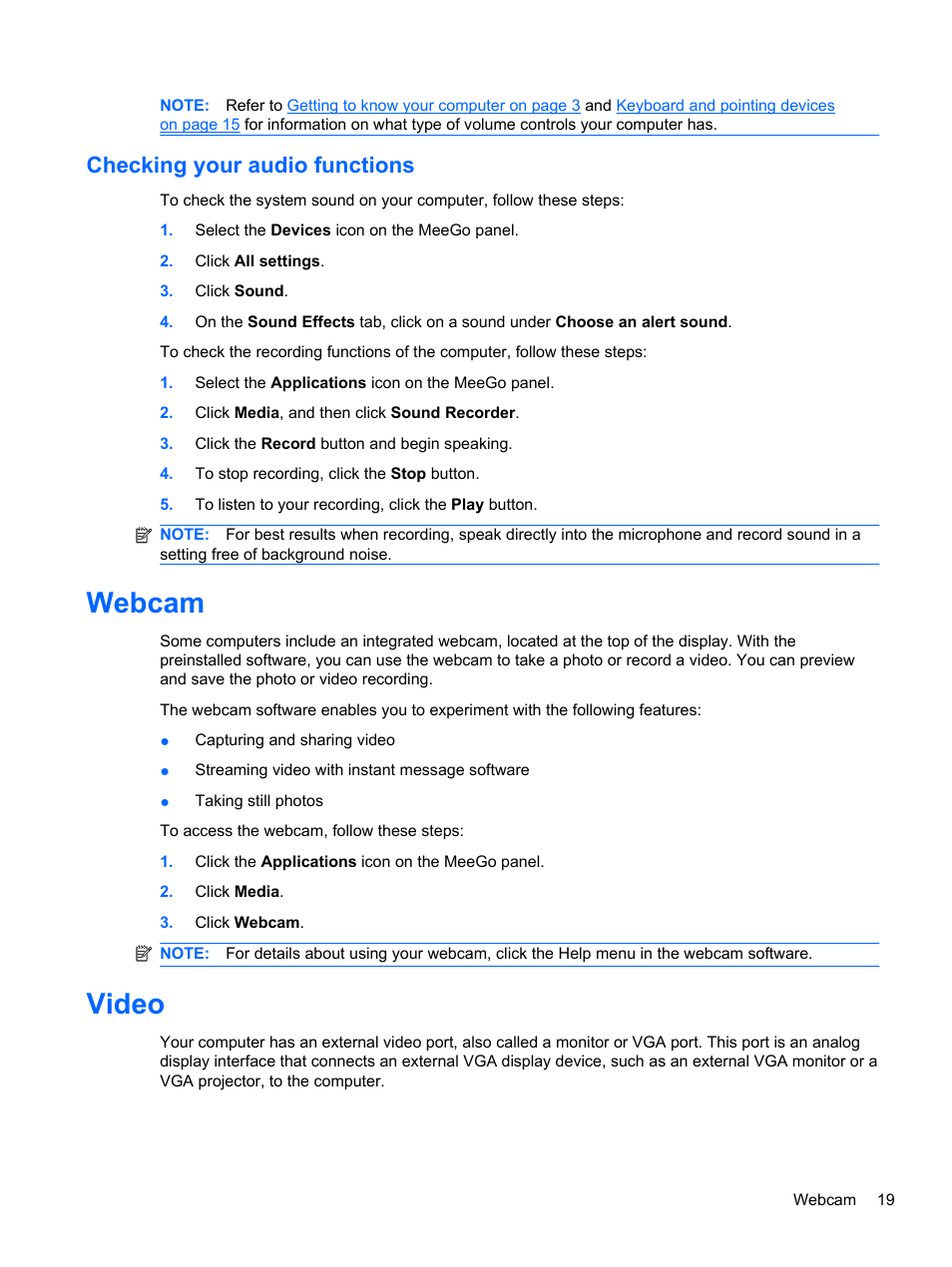 Checking your audio functions, Webcam, Video | Webcam video | HP Mini 210-2087dx PC User Manual | Page 27 / 67