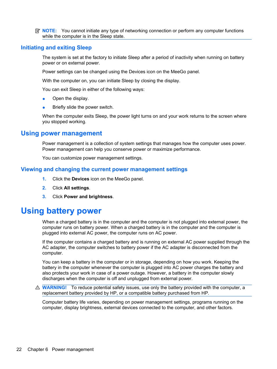 Initiating and exiting sleep, Using power management, Using battery power | HP Mini 210-2087dx PC User Manual | Page 30 / 67