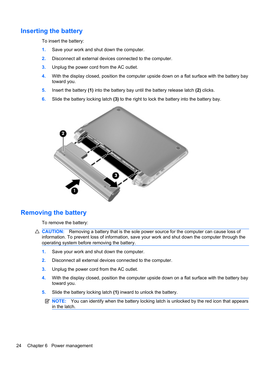 Inserting the battery, Removing the battery, Inserting the battery removing the battery | HP Mini 210-2087dx PC User Manual | Page 32 / 67