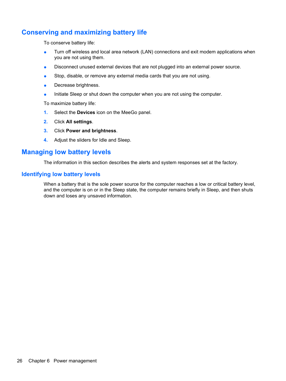 Conserving and maximizing battery life, Managing low battery levels, Identifying low battery levels | HP Mini 210-2087dx PC User Manual | Page 34 / 67