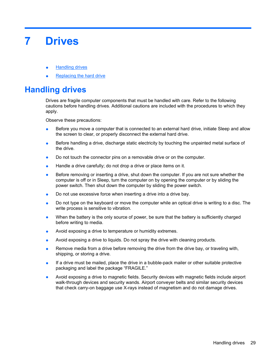 Drives, Handling drives, 7 drives | 7drives | HP Mini 210-2087dx PC User Manual | Page 37 / 67