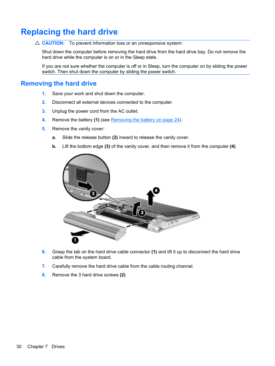 Replacing the hard drive, Removing the hard drive | HP Mini 210-2087dx PC User Manual | Page 38 / 67