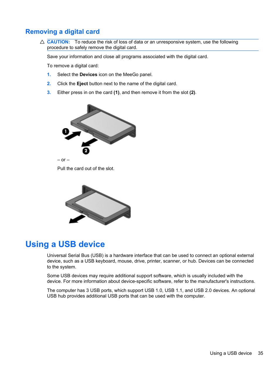 Removing a digital card, Using a usb device | HP Mini 210-2087dx PC User Manual | Page 43 / 67