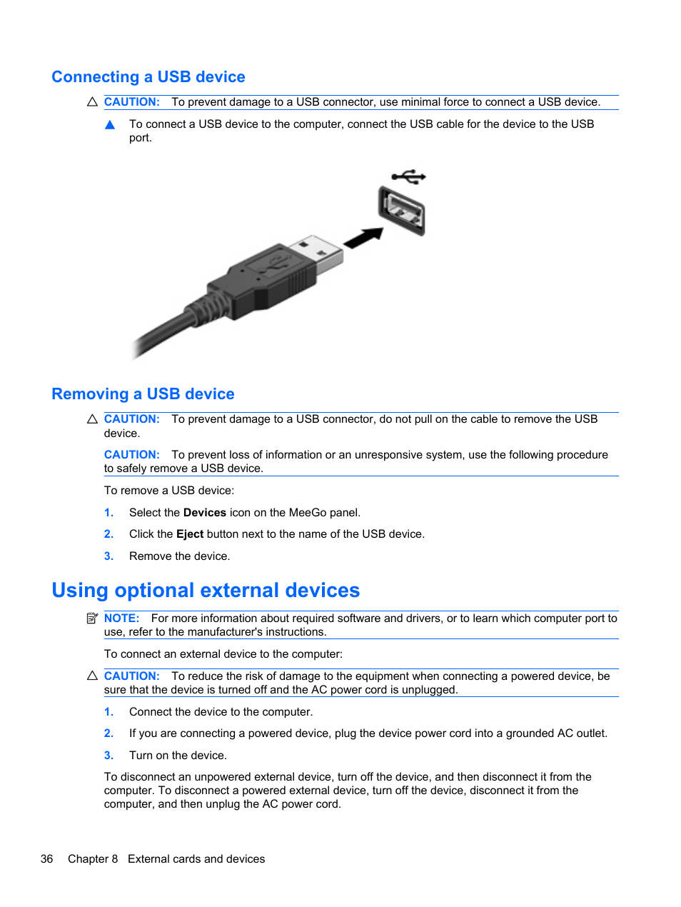 Connecting a usb device, Removing a usb device, Using optional external devices | Connecting a usb device removing a usb device | HP Mini 210-2087dx PC User Manual | Page 44 / 67