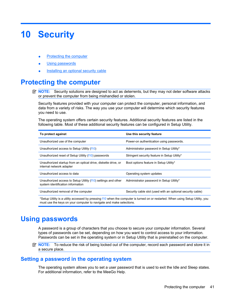 Security, Protecting the computer, Using passwords | Setting a password in the operating system, 10 security, Protecting the computer using passwords | HP Mini 210-2087dx PC User Manual | Page 49 / 67