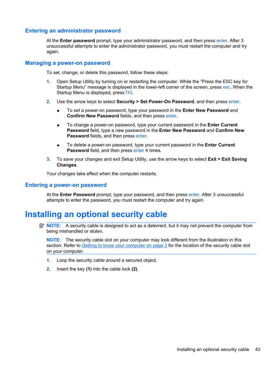 Entering an administrator password, Managing a power-on password, Entering a power-on password | Installing an optional security cable | HP Mini 210-2087dx PC User Manual | Page 51 / 67