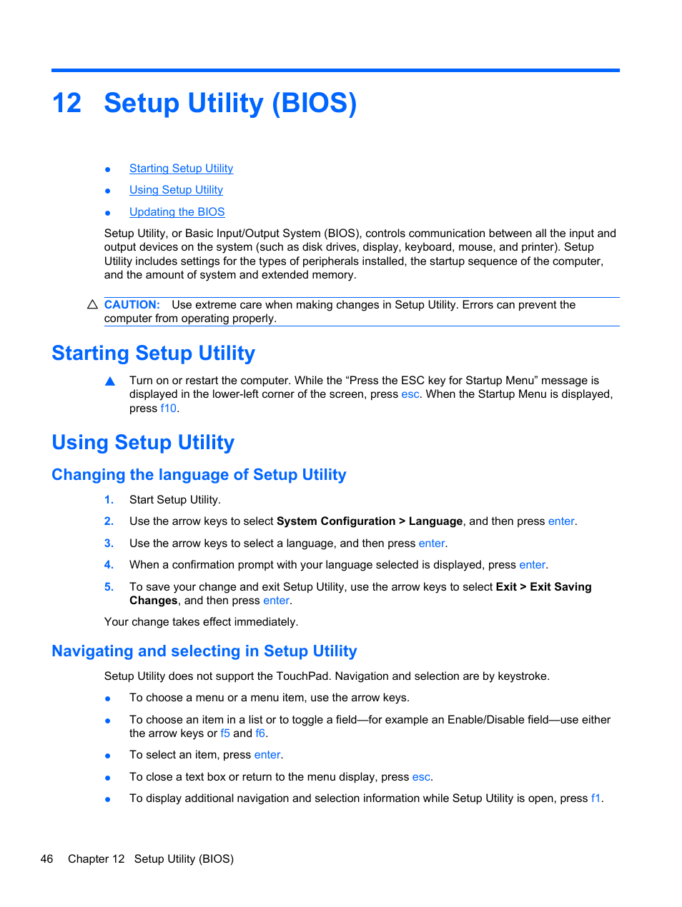 Setup utility (bios), Starting setup utility, Using setup utility | Changing the language of setup utility, Navigating and selecting in setup utility, 12 setup utility (bios), Starting setup utility using setup utility | HP Mini 210-2087dx PC User Manual | Page 54 / 67