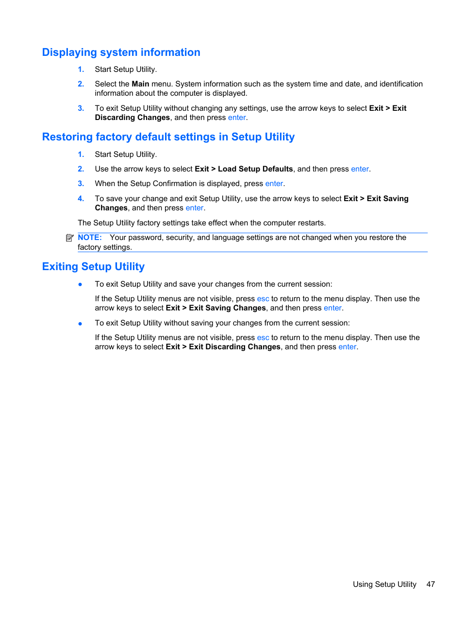 Displaying system information, Exiting setup utility | HP Mini 210-2087dx PC User Manual | Page 55 / 67