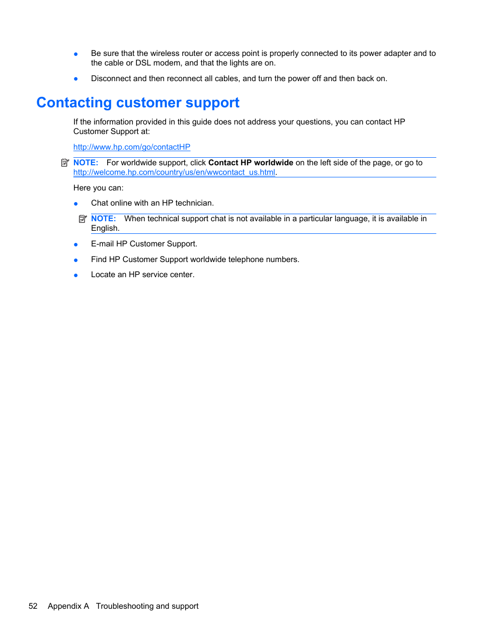 Contacting customer support | HP Mini 210-2087dx PC User Manual | Page 60 / 67