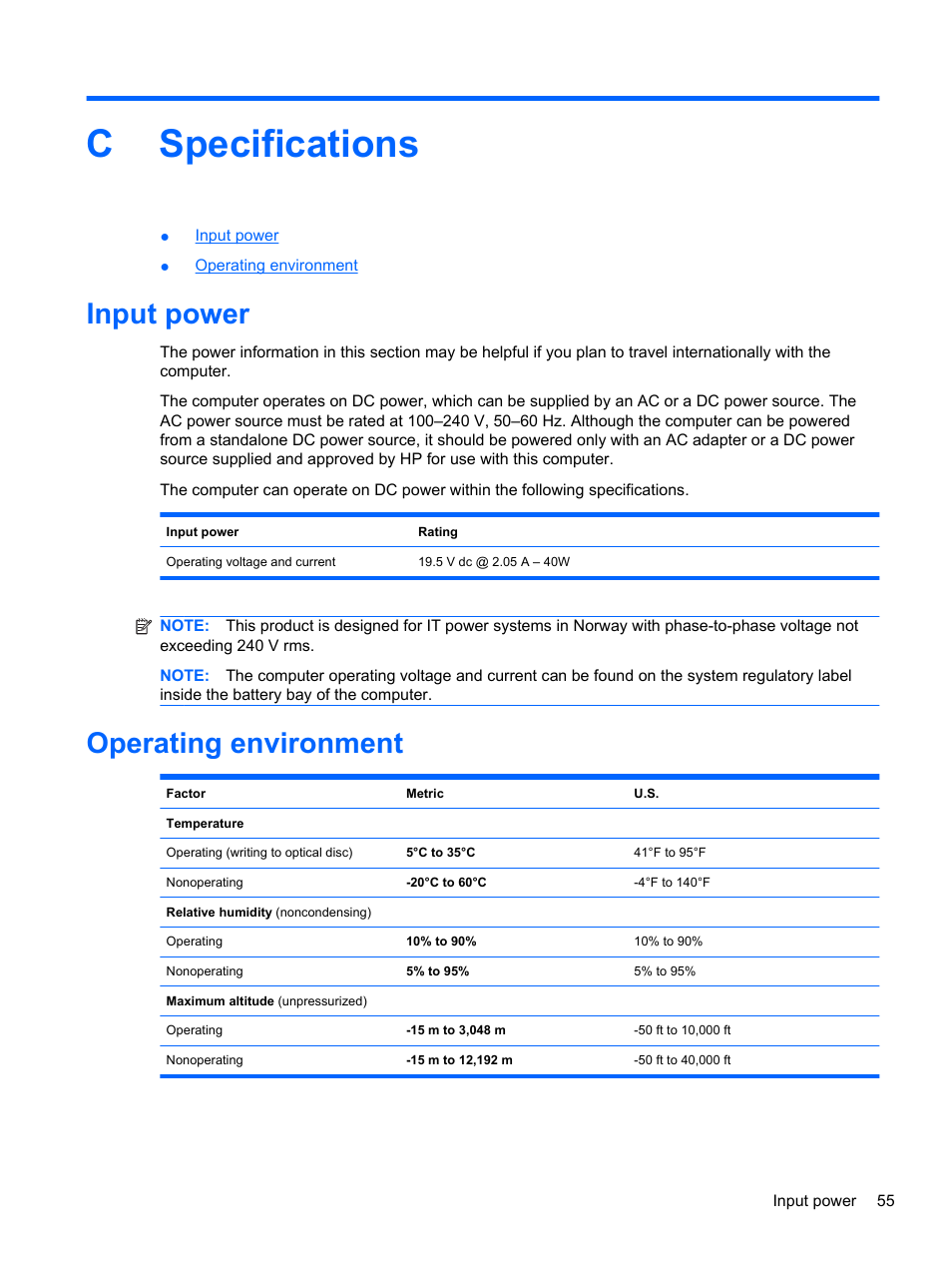 Specifications, Input power, Operating environment | Appendix c specifications, Input power operating environment, Cspecifications | HP Mini 210-2087dx PC User Manual | Page 63 / 67