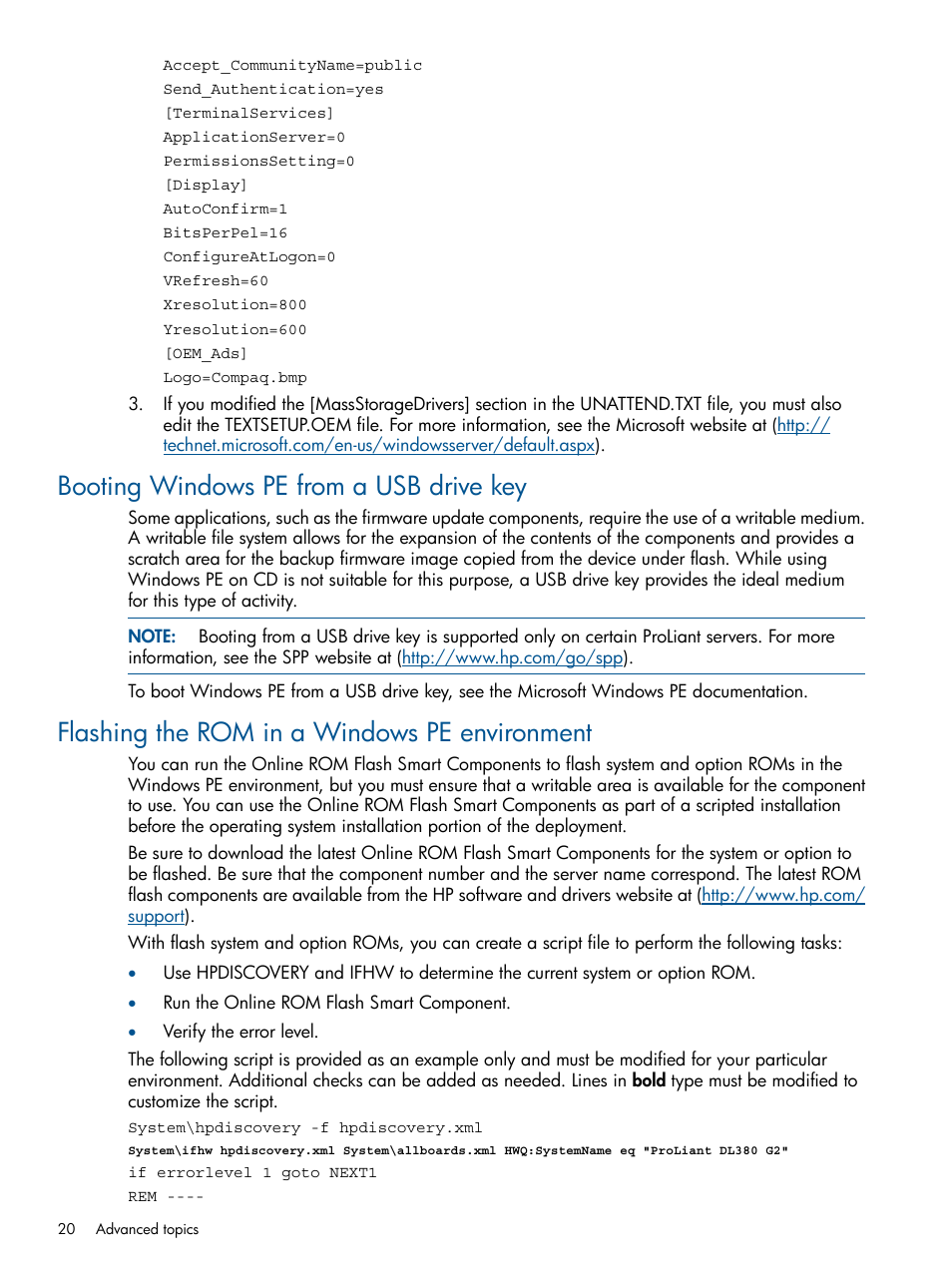 Booting windows pe from a usb drive key, Flashing the rom in a windows pe environment | HP Intelligent Provisioning User Manual | Page 20 / 69