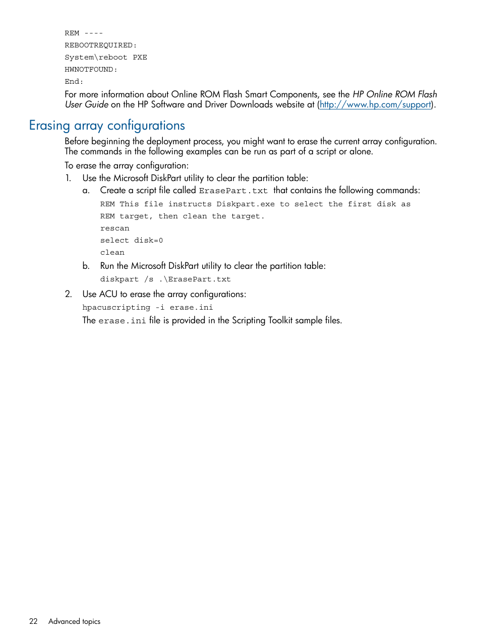 Erasing array configurations | HP Intelligent Provisioning User Manual | Page 22 / 69