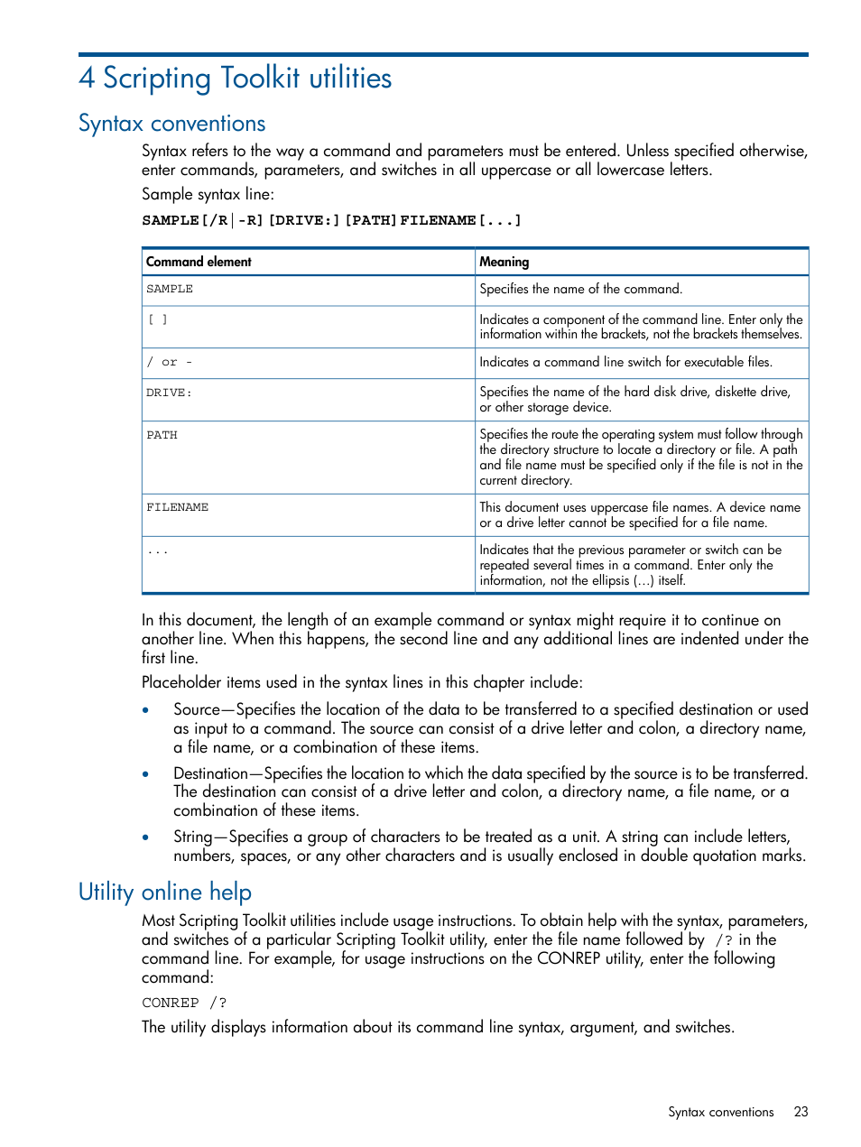 4 scripting toolkit utilities, Syntax conventions, Utility online help | Syntax conventions utility online help | HP Intelligent Provisioning User Manual | Page 23 / 69