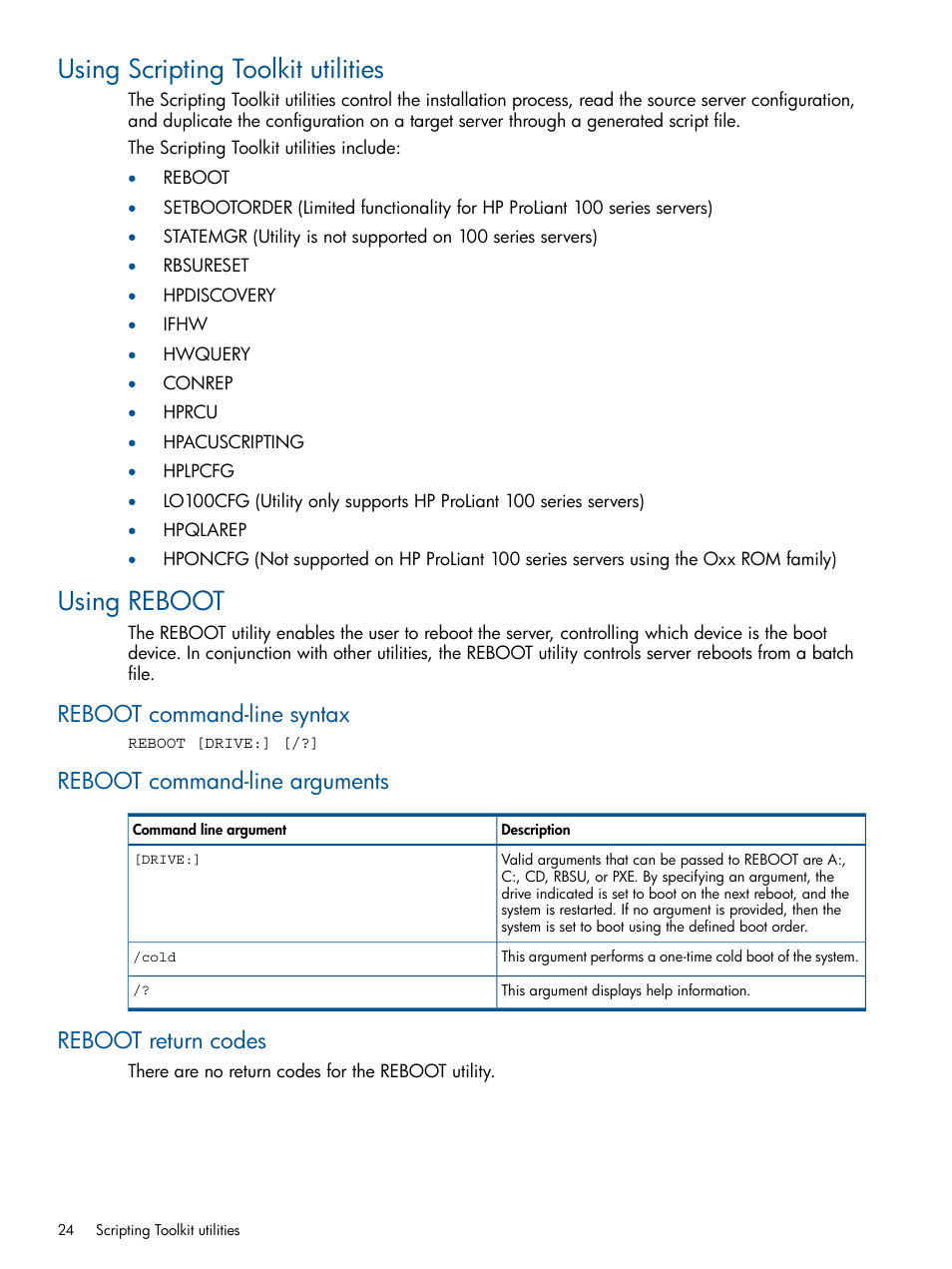 Using scripting toolkit utilities, Using reboot, Reboot command-line syntax | Reboot command-line arguments, Reboot return codes, Using scripting toolkit utilities using reboot | HP Intelligent Provisioning User Manual | Page 24 / 69