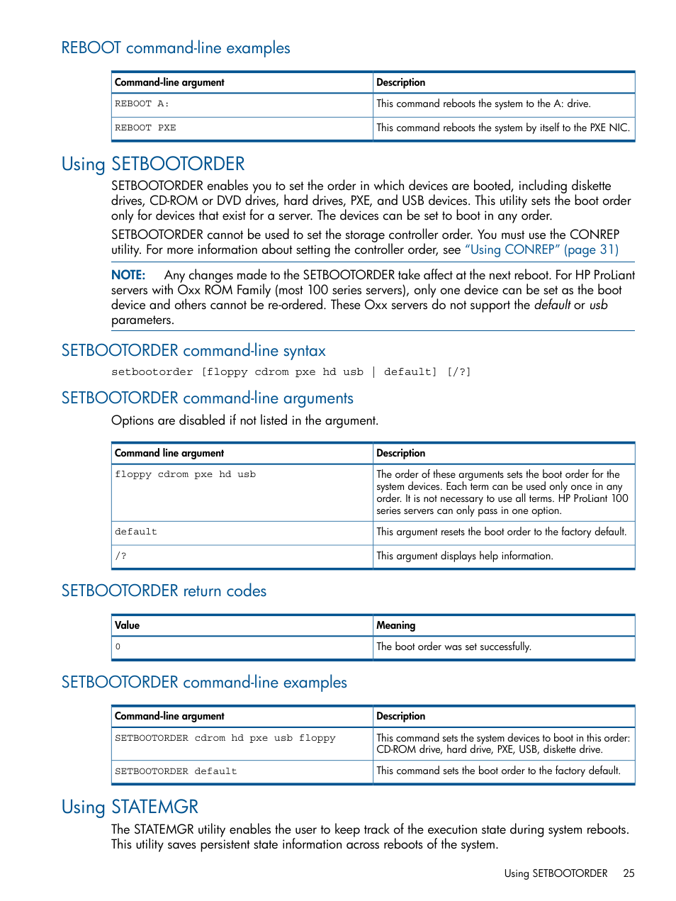 Reboot command-line examples, Using setbootorder, Setbootorder command-line syntax | Setbootorder command-line arguments, Setbootorder return codes, Setbootorder command-line examples, Using statemgr | HP Intelligent Provisioning User Manual | Page 25 / 69