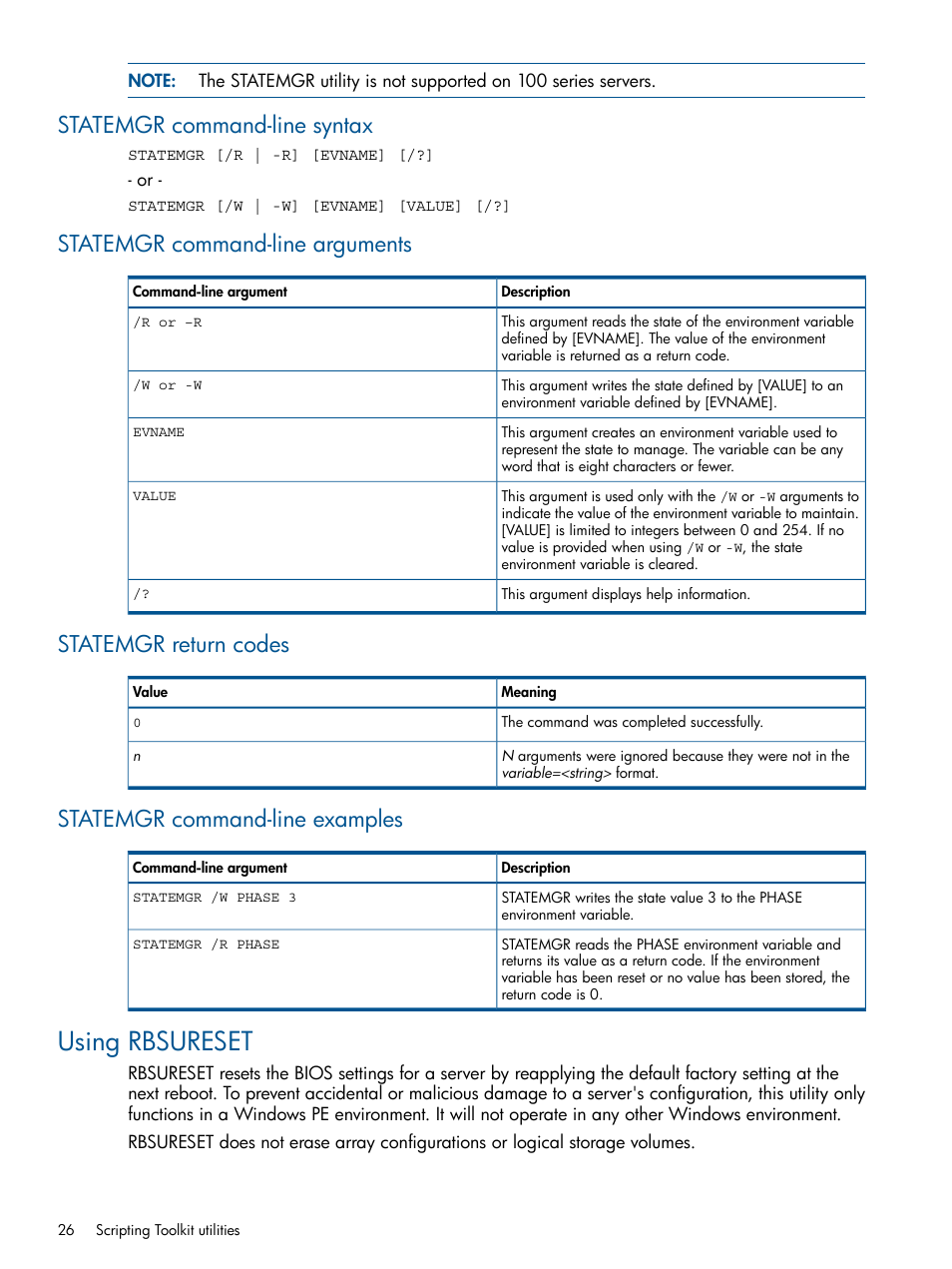 Statemgr command-line syntax, Statemgr command-line arguments, Statemgr return codes | Statemgr command-line examples, Using rbsureset | HP Intelligent Provisioning User Manual | Page 26 / 69