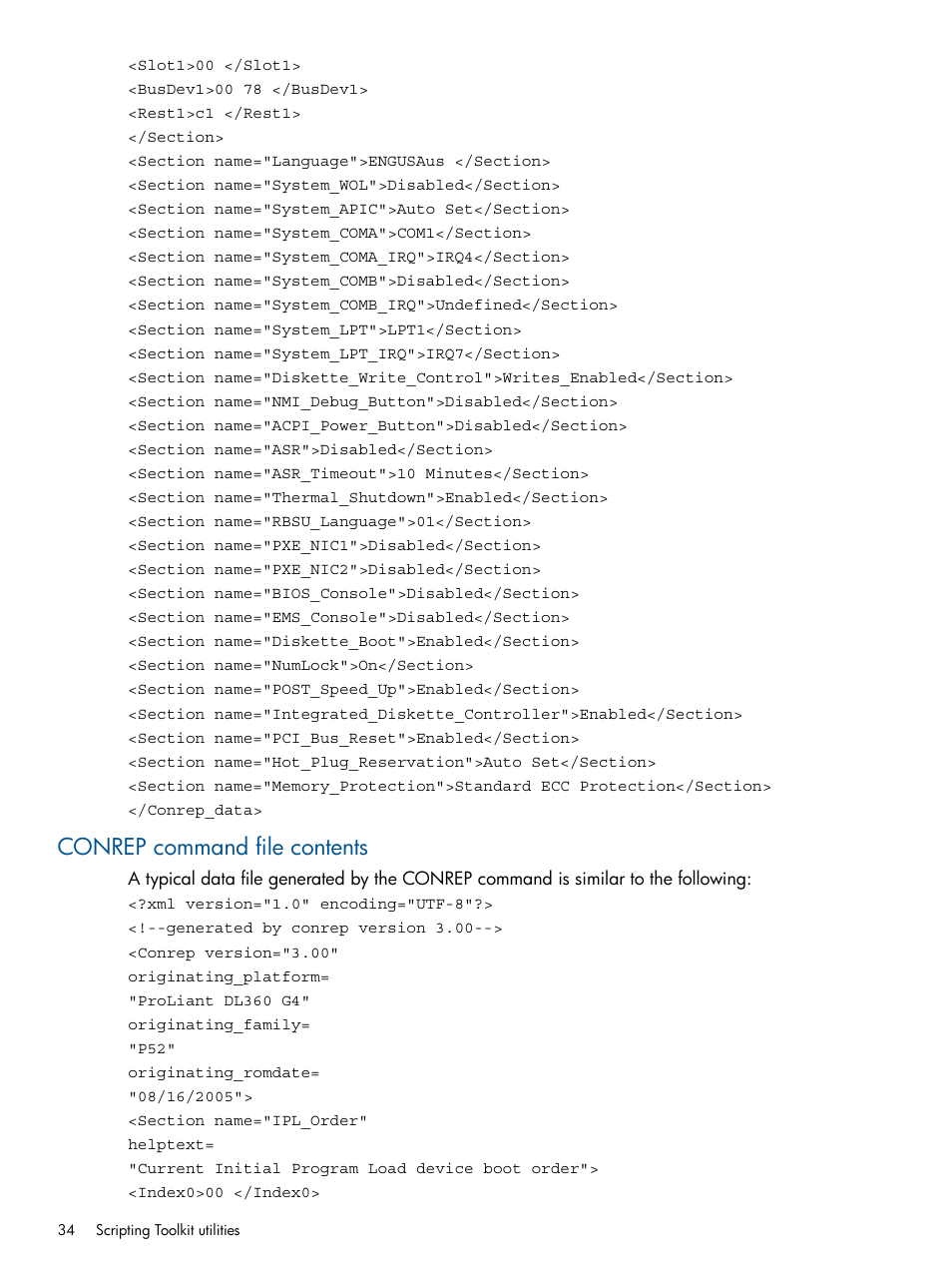 Conrep command file contents | HP Intelligent Provisioning User Manual | Page 34 / 69