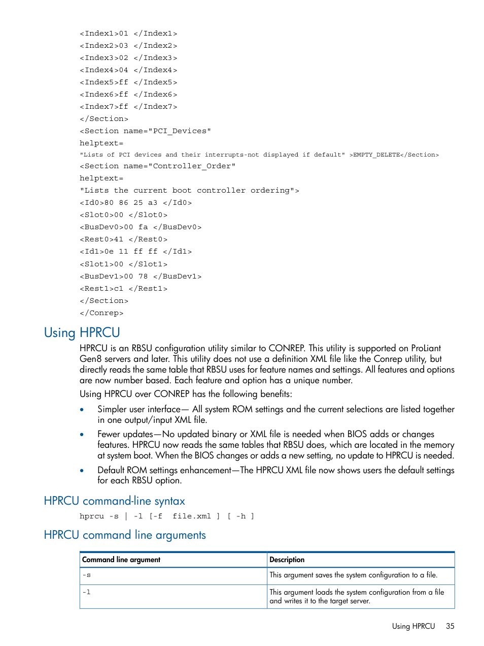 Using hprcu, Hprcu command-line syntax, Hprcu command line arguments | HP Intelligent Provisioning User Manual | Page 35 / 69