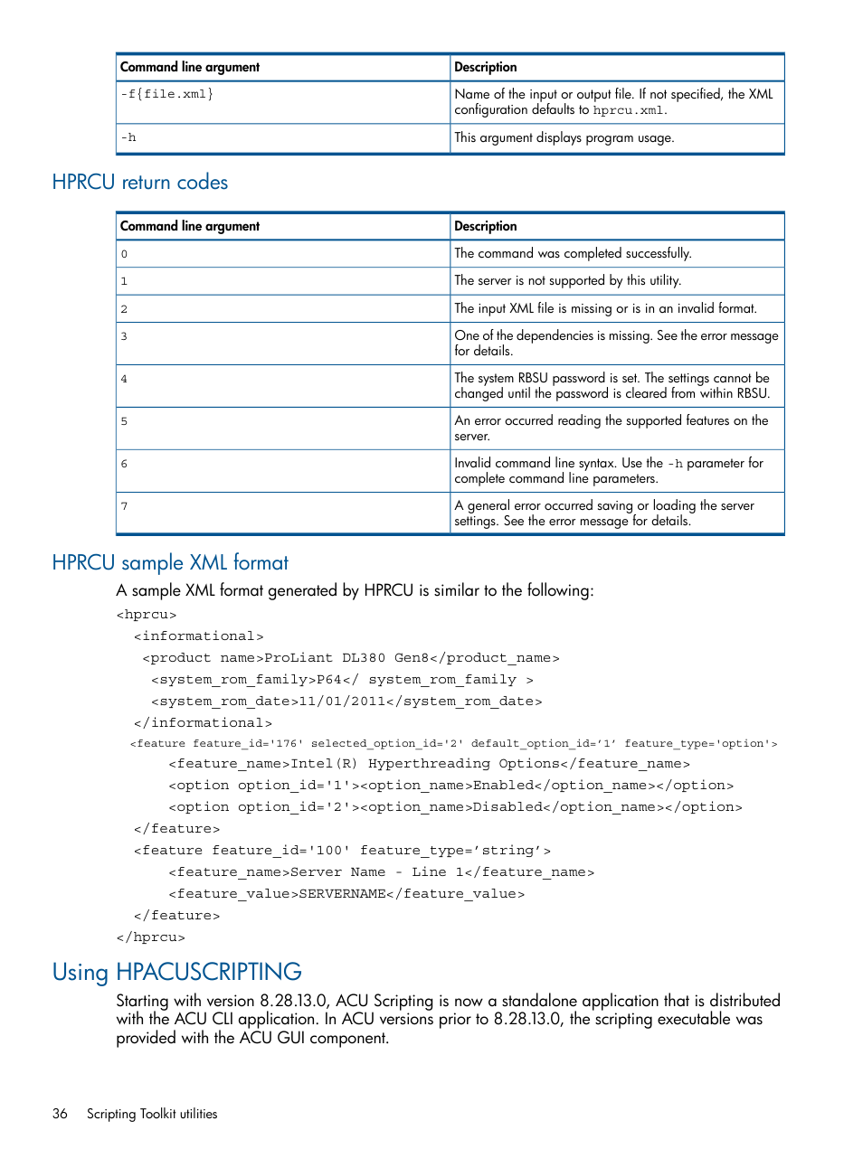 Hprcu return codes, Hprcu sample xml format, Using hpacuscripting | Hprcu return codes hprcu sample xml format | HP Intelligent Provisioning User Manual | Page 36 / 69