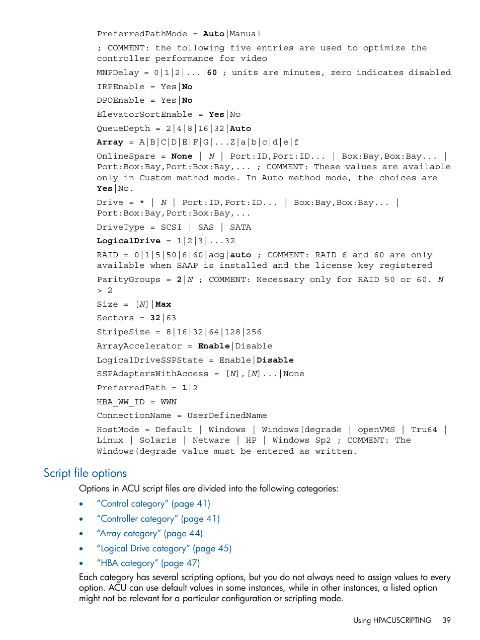 Script file options | HP Intelligent Provisioning User Manual | Page 39 / 69