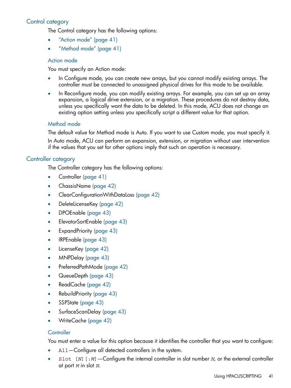Control category, Action mode, Method mode | Controller category, Controller, Action mode method mode | HP Intelligent Provisioning User Manual | Page 41 / 69