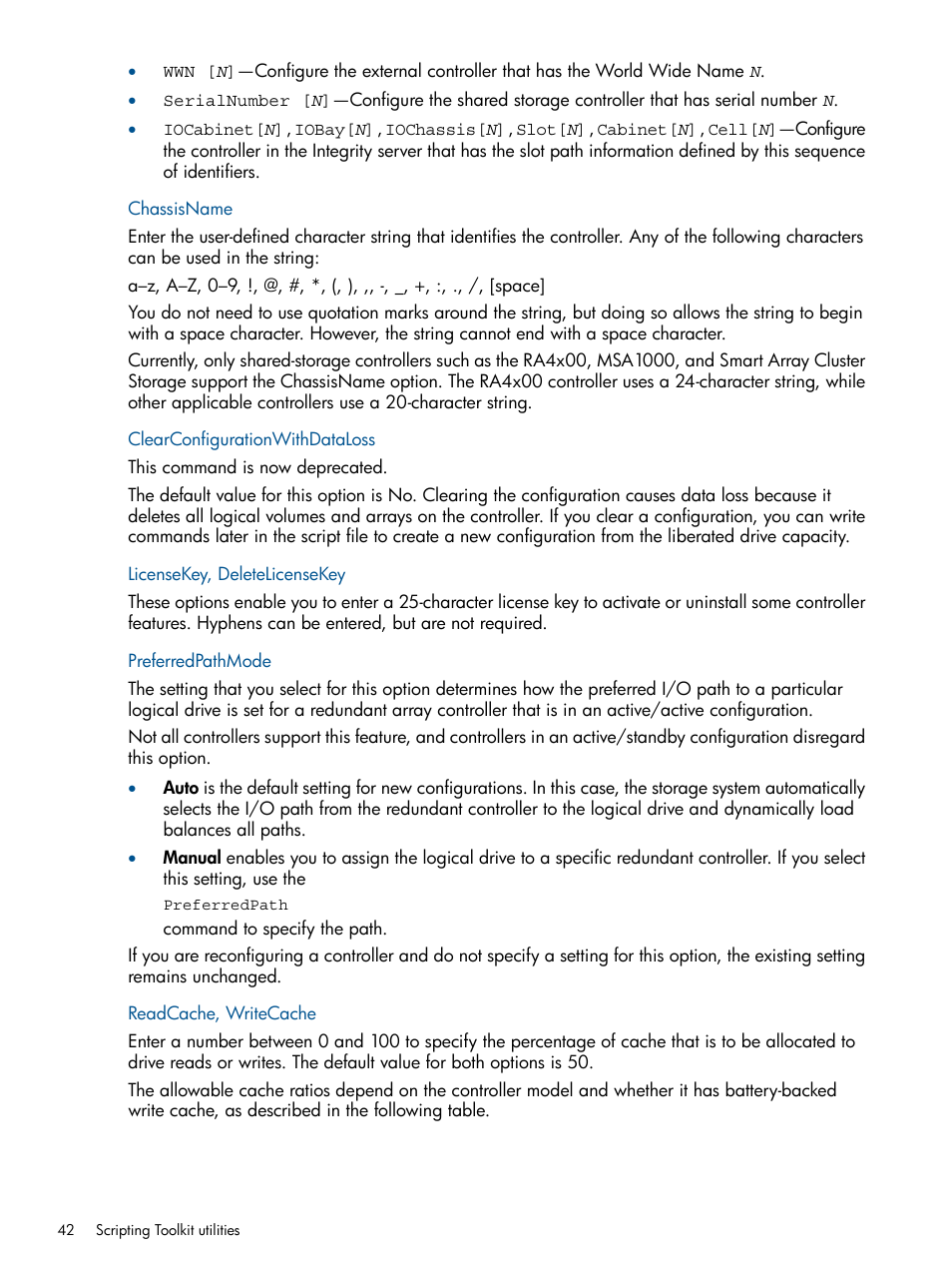 Chassisname, Clearconfigurationwithdataloss, Licensekey, deletelicensekey | Preferredpathmode, Readcache, writecache | HP Intelligent Provisioning User Manual | Page 42 / 69
