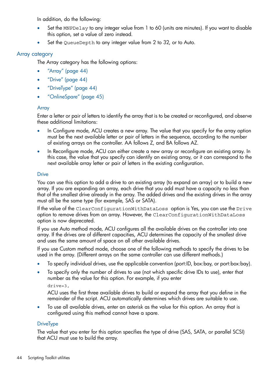Array category, Array, Drive | Drivetype, Array drive drivetype | HP Intelligent Provisioning User Manual | Page 44 / 69