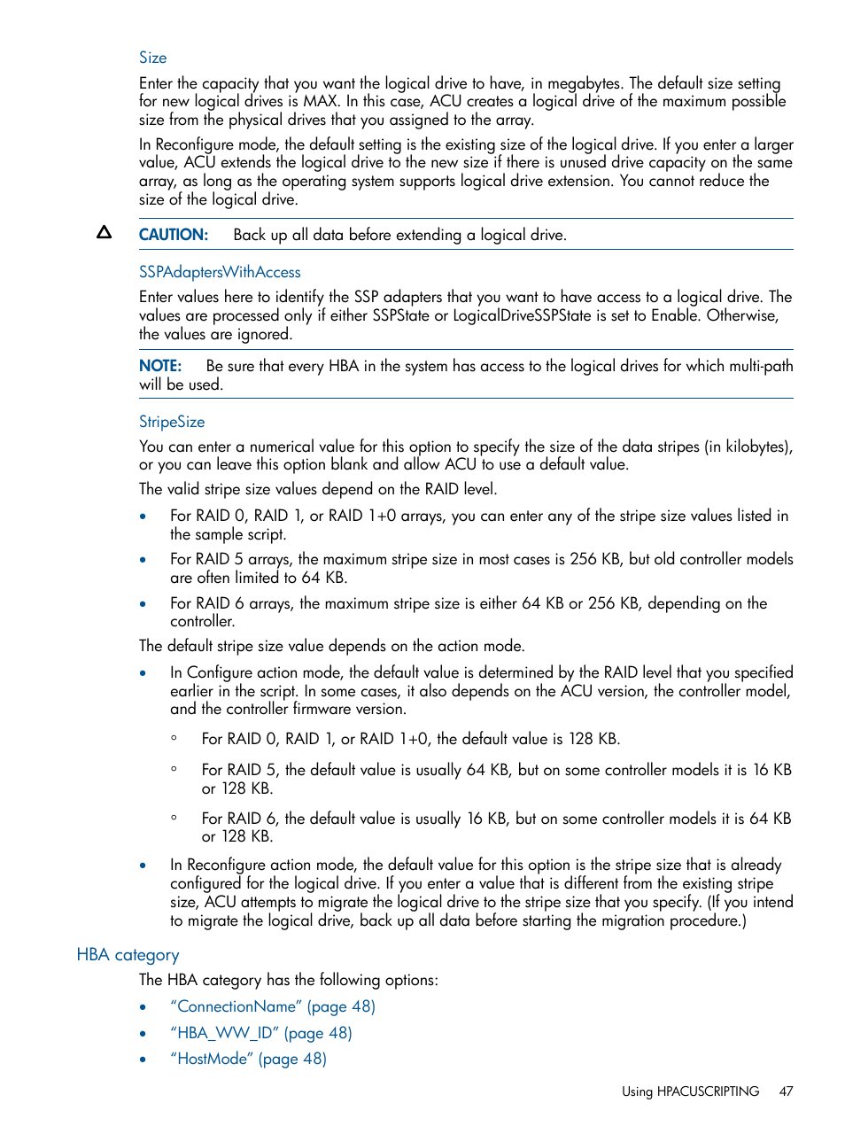 Size, Sspadapterswithaccess, Stripesize | Hba category, Size sspadapterswithaccess stripesize | HP Intelligent Provisioning User Manual | Page 47 / 69