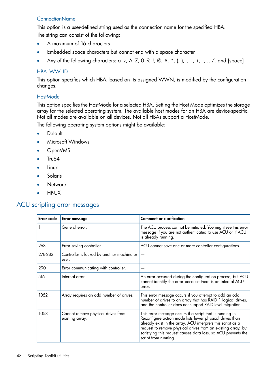 Connectionname, Hba_ww_id, Hostmode | Acu scripting error messages, Connectionname hba_ww_id hostmode | HP Intelligent Provisioning User Manual | Page 48 / 69