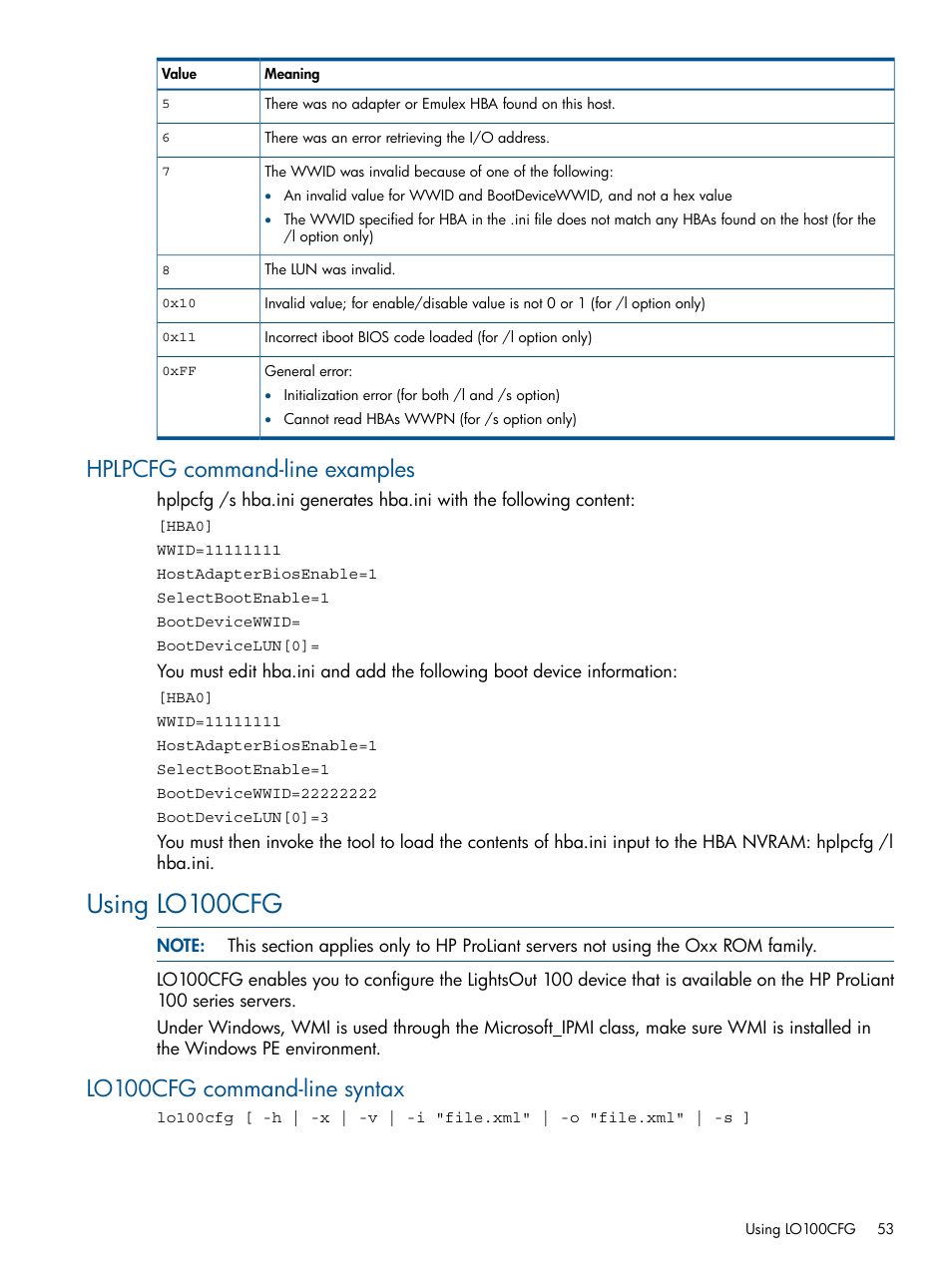 Hplpcfg command-line examples, Using lo100cfg, Lo100cfg command-line syntax | HP Intelligent Provisioning User Manual | Page 53 / 69