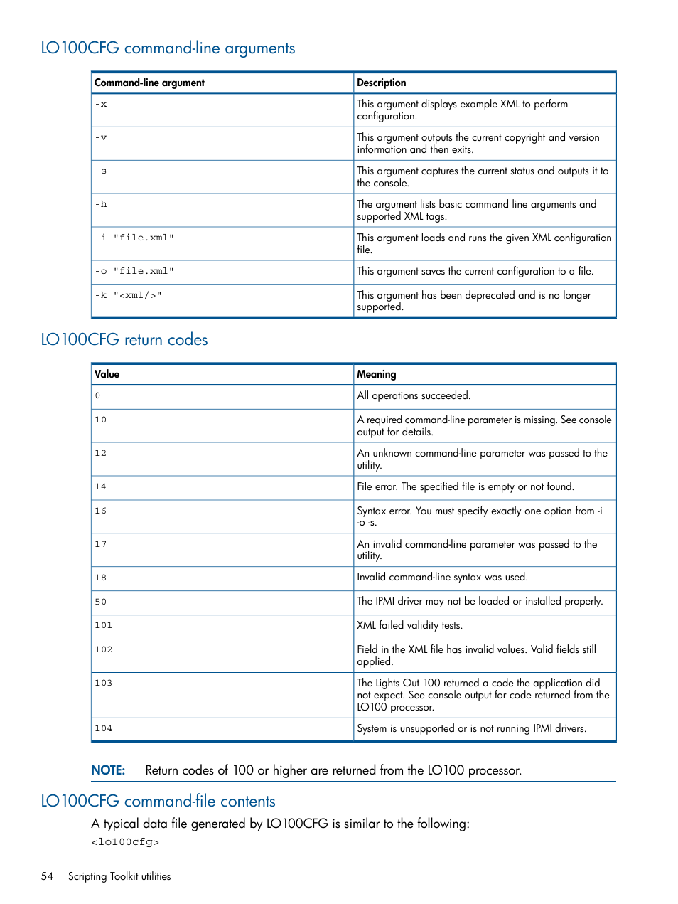 Lo100cfg command-line arguments, Lo100cfg return codes, Lo100cfg command-file contents | HP Intelligent Provisioning User Manual | Page 54 / 69