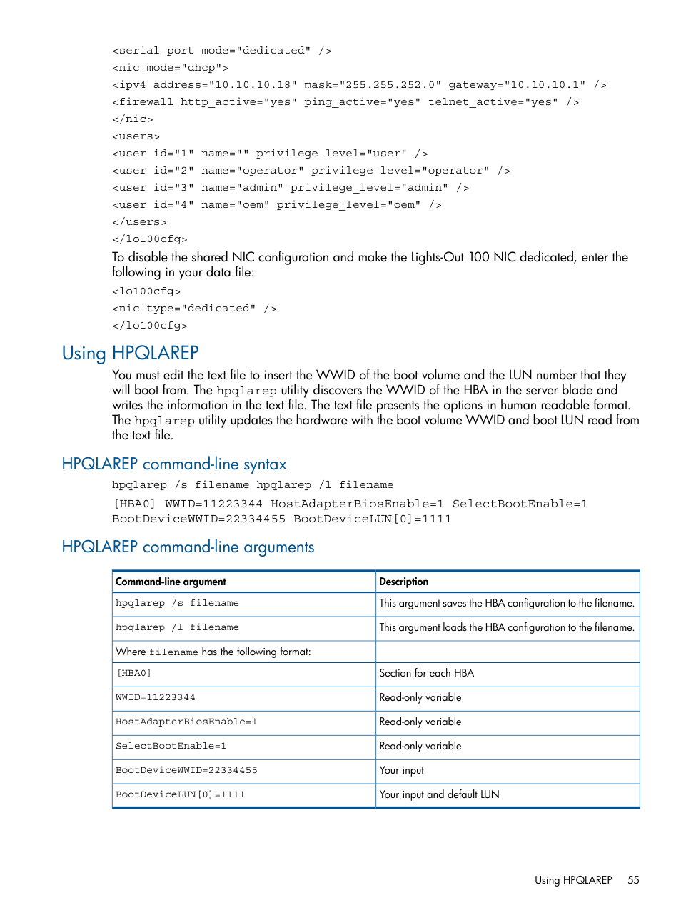 Using hpqlarep, Hpqlarep command-line syntax, Hpqlarep command-line arguments | HP Intelligent Provisioning User Manual | Page 55 / 69