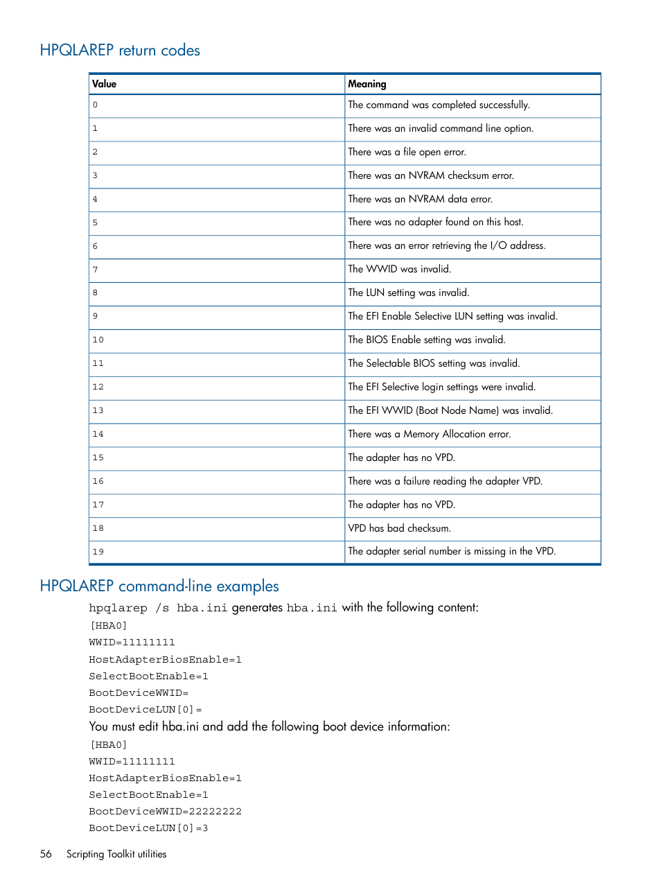 Hpqlarep return codes, Hpqlarep command-line examples | HP Intelligent Provisioning User Manual | Page 56 / 69