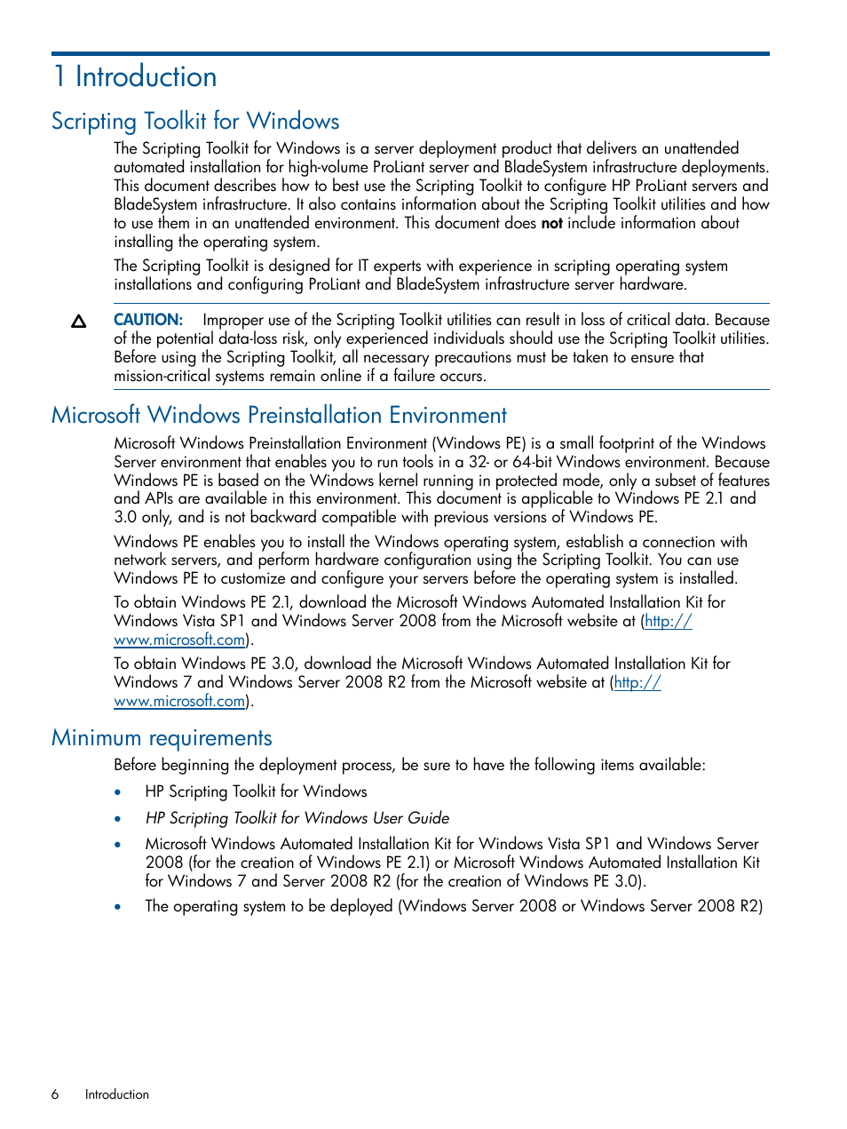 1 introduction, Scripting toolkit for windows, Microsoft windows preinstallation environment | Minimum requirements | HP Intelligent Provisioning User Manual | Page 6 / 69