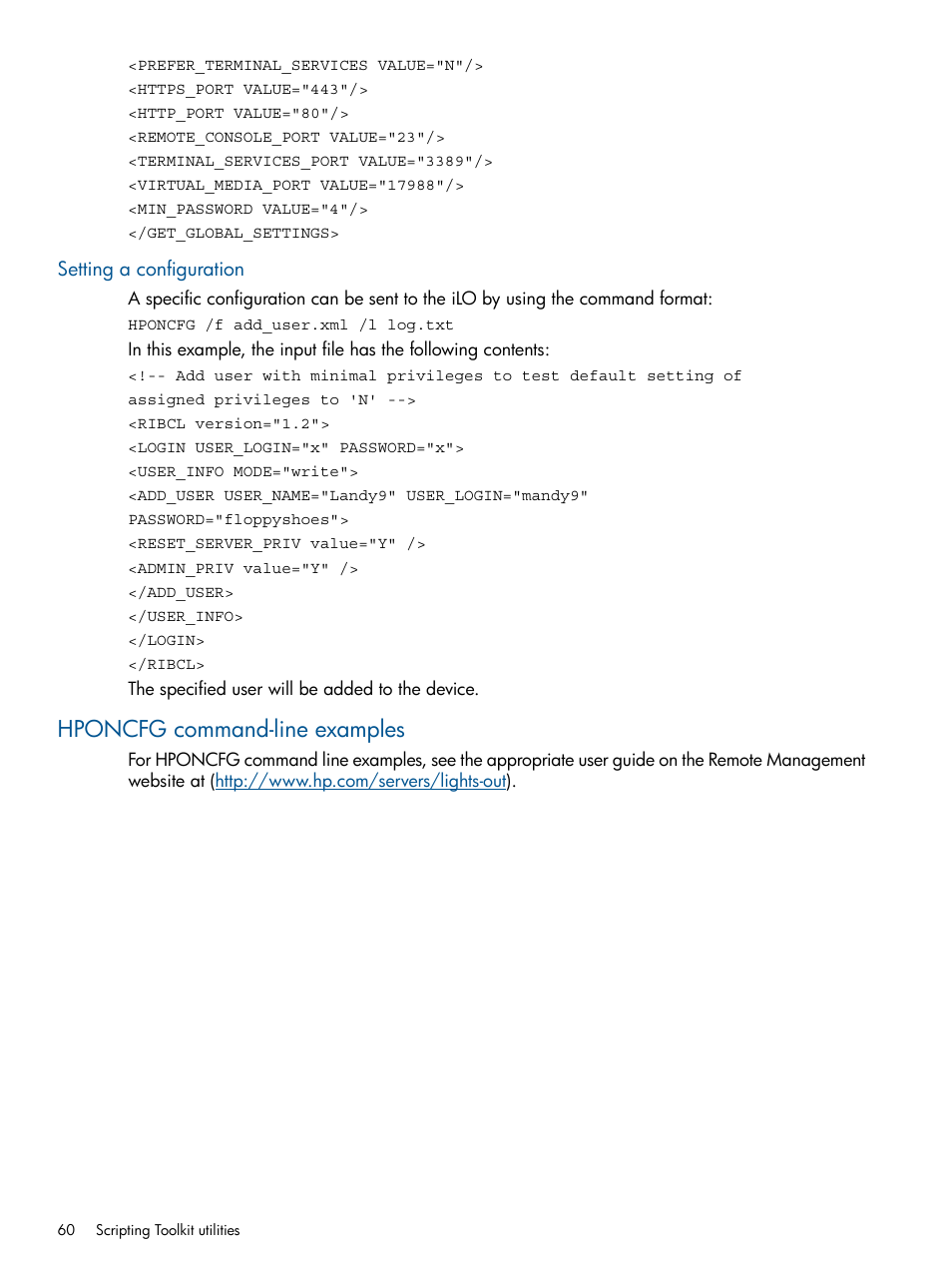 Setting a configuration, Hponcfg command-line examples | HP Intelligent Provisioning User Manual | Page 60 / 69