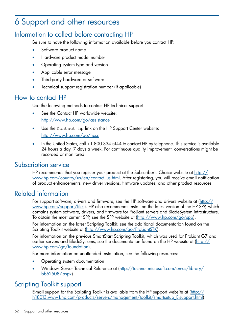6 support and other resources, Information to collect before contacting hp, How to contact hp | Subscription service, Related information, Scripting toolkit support | HP Intelligent Provisioning User Manual | Page 62 / 69