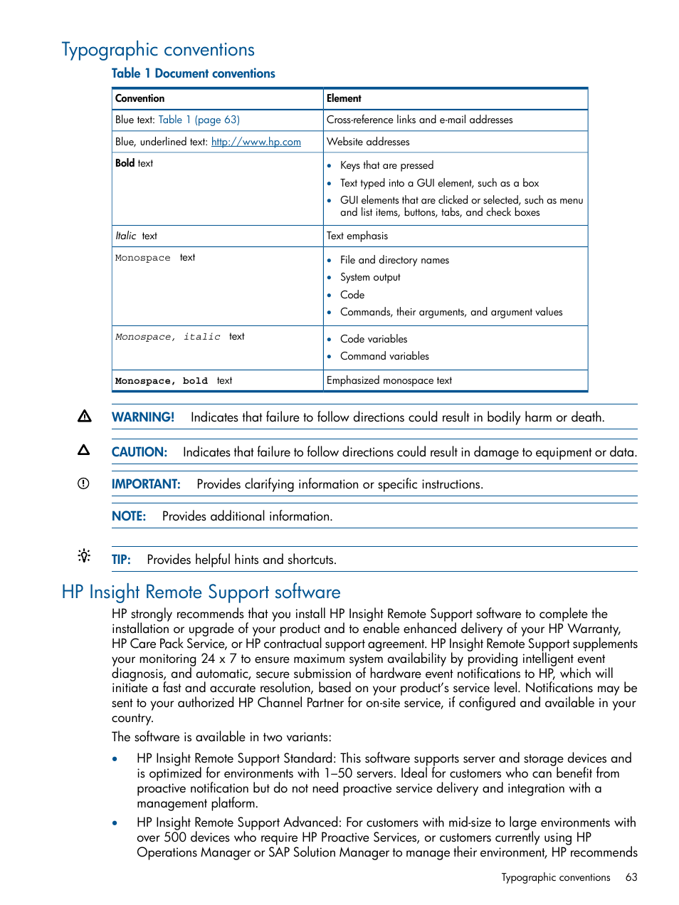 Typographic conventions, Hp insight remote support software | HP Intelligent Provisioning User Manual | Page 63 / 69