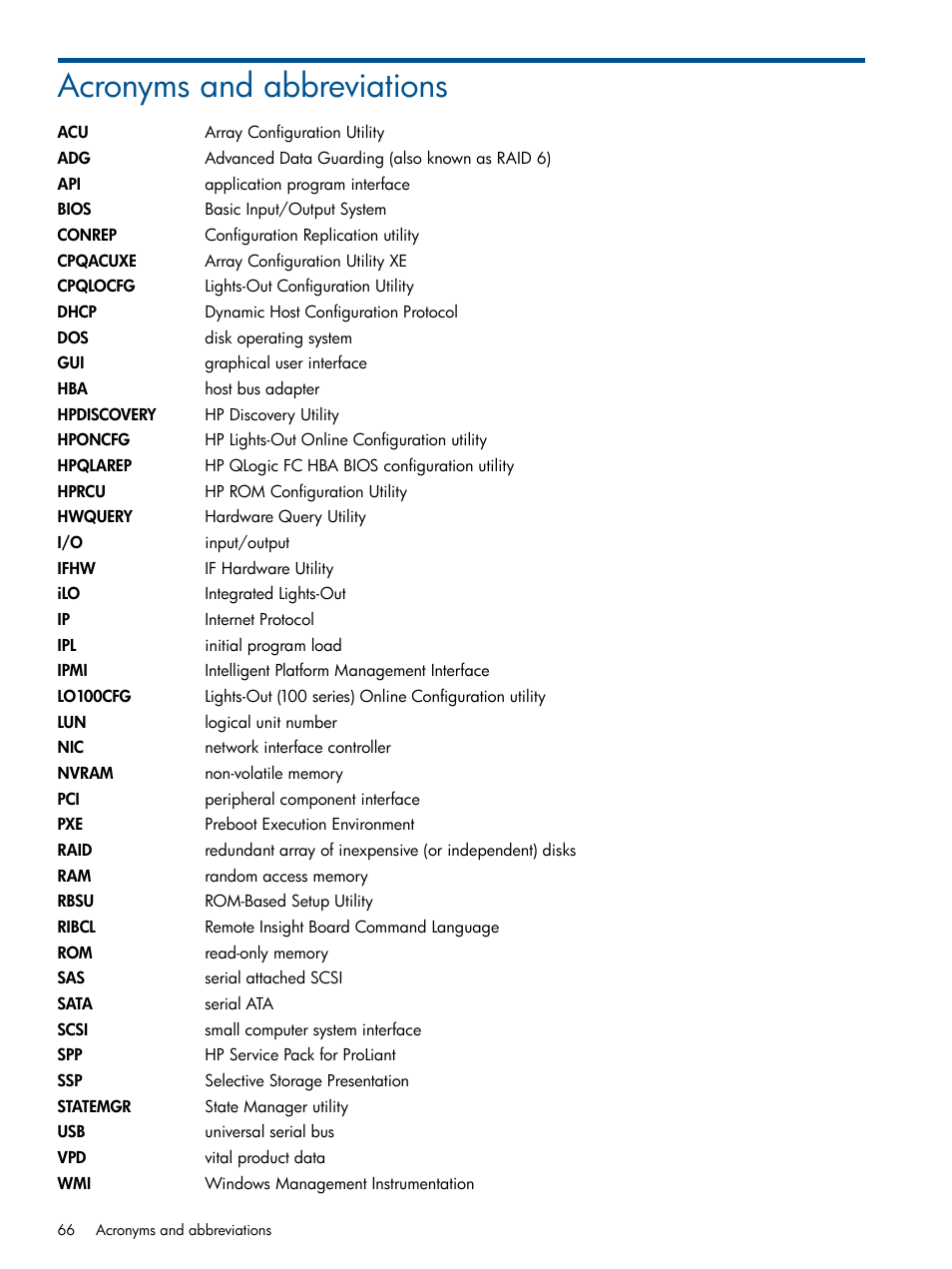 Acronyms and abbreviations | HP Intelligent Provisioning User Manual | Page 66 / 69