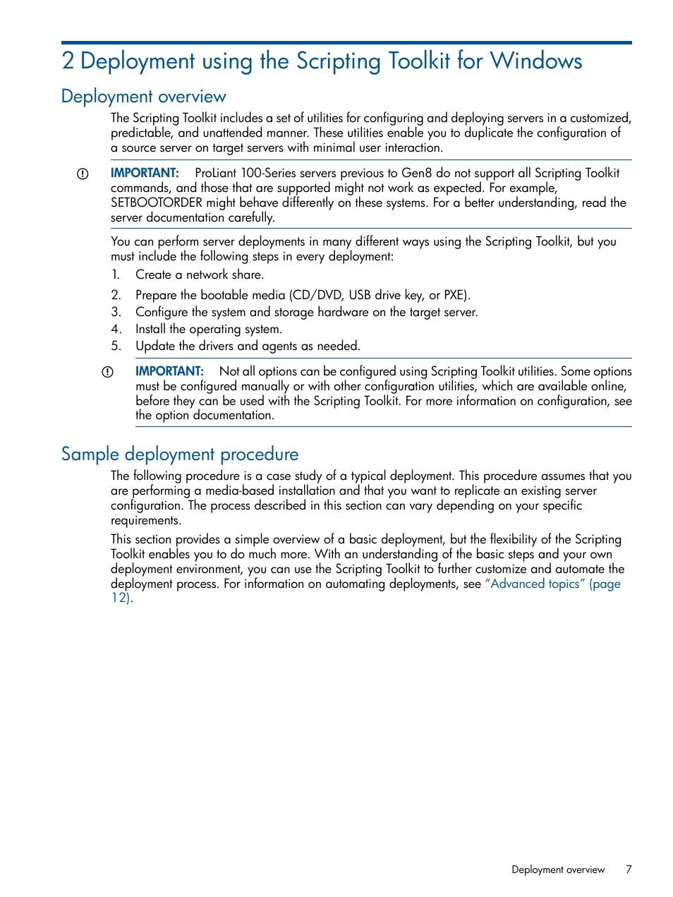 Deployment overview, Sample deployment procedure, Deployment overview sample deployment procedure | HP Intelligent Provisioning User Manual | Page 7 / 69