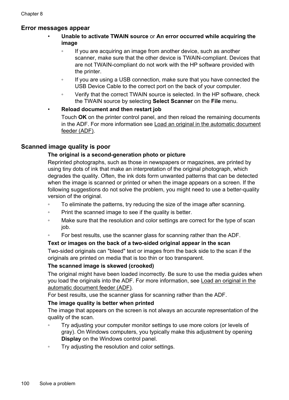 Error messages appear, Scanned image quality is poor | HP Officejet 6700 Premium e-All-in-One Printer - H711n User Manual | Page 104 / 224