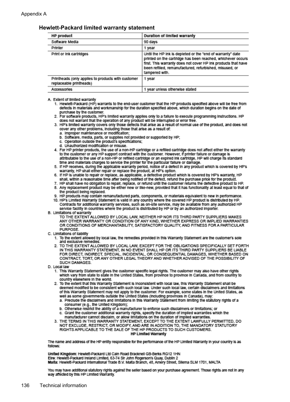 Hewlett-packard limited warranty statement | HP Officejet 6700 Premium e-All-in-One Printer - H711n User Manual | Page 140 / 224