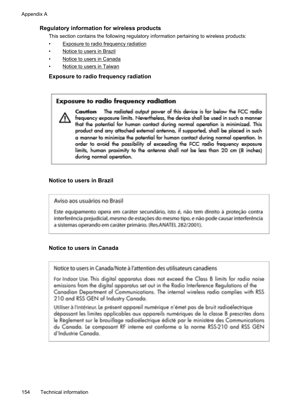 Regulatory information for wireless products, Exposure to radio frequency radiation, Notice to users in brazil | Notice to users in canada | HP Officejet 6700 Premium e-All-in-One Printer - H711n User Manual | Page 158 / 224