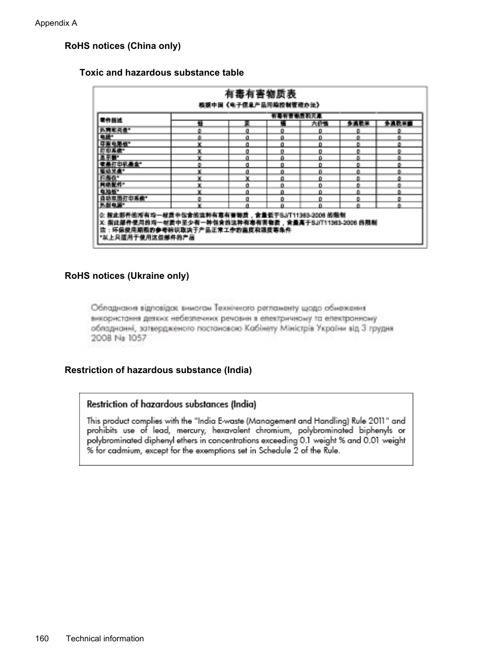 Rohs notices (china only), Rohs notices (ukraine only), Restriction of hazardous substance (india) | HP Officejet 6700 Premium e-All-in-One Printer - H711n User Manual | Page 164 / 224