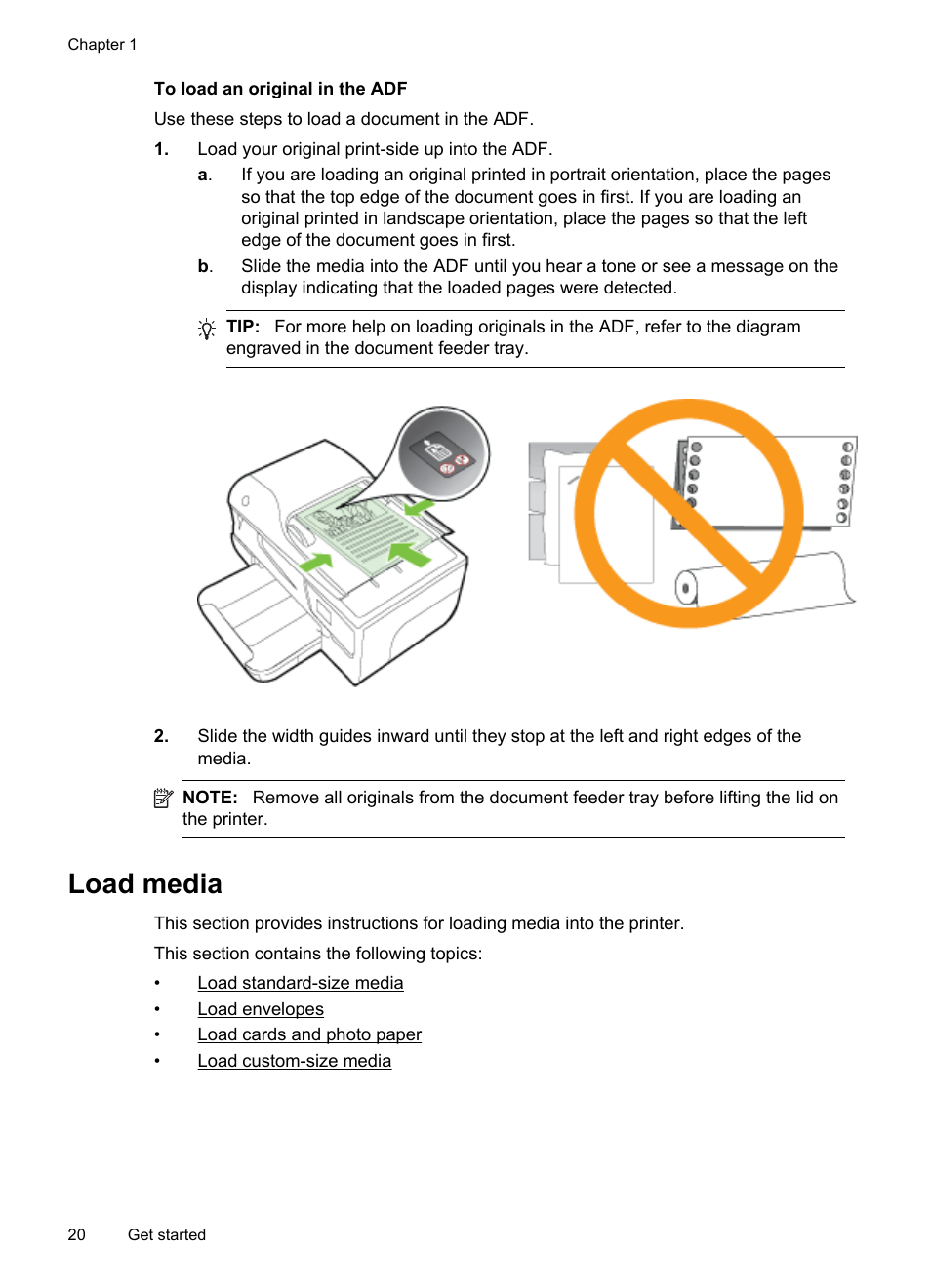 Load media, Oad standard-size media, Oad envelopes | Oad cards and photo paper, Oad custom-size media, E load media | HP Officejet 6700 Premium e-All-in-One Printer - H711n User Manual | Page 24 / 224