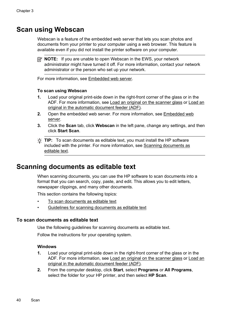 Scan using webscan, Scanning documents as editable text, To scan documents as editable text | E scanning documents as editable text | HP Officejet 6700 Premium e-All-in-One Printer - H711n User Manual | Page 44 / 224